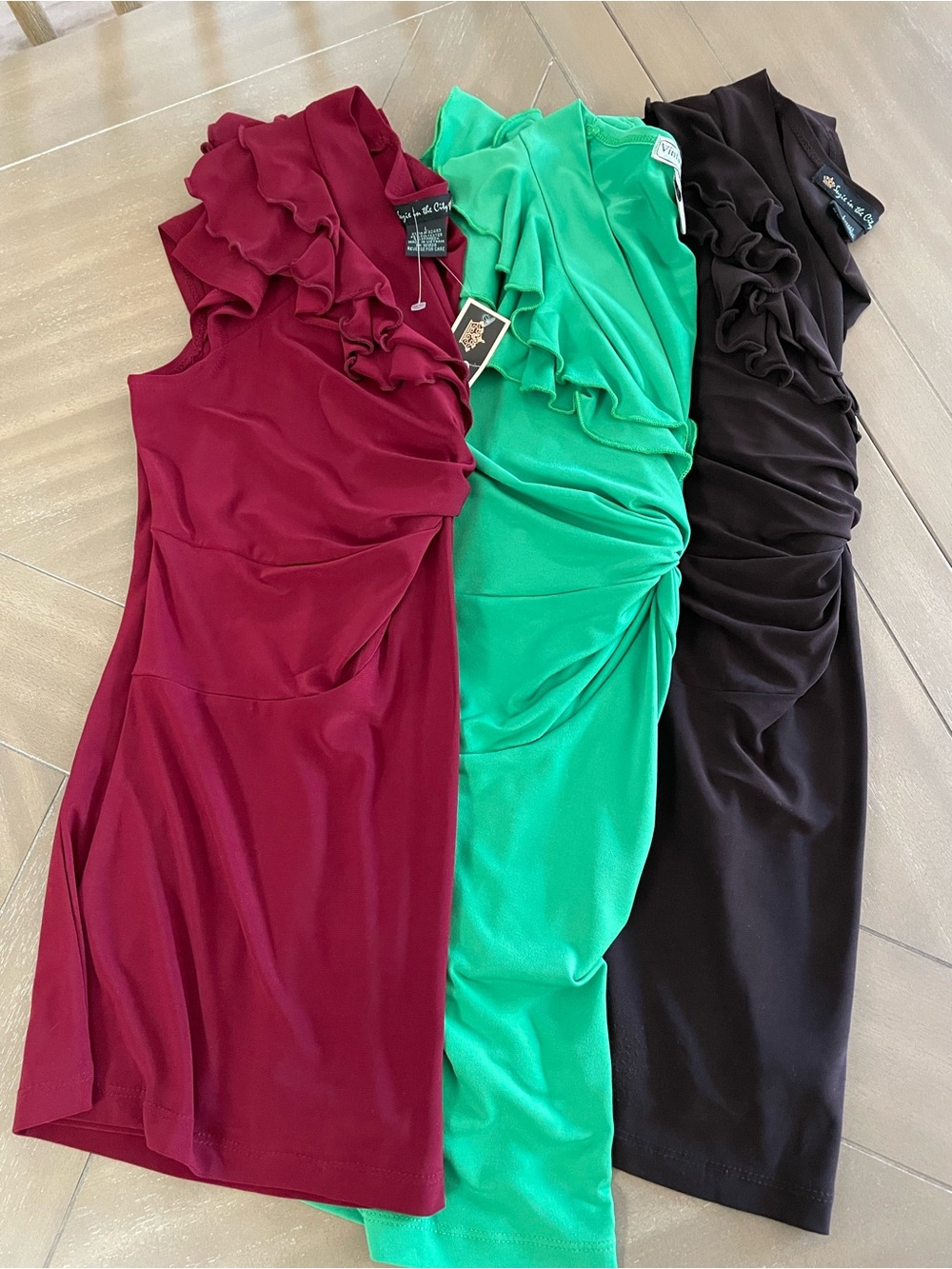 Set of 3. Ruffle Tops in Green, Burgundy, Brown. Excellent condition.